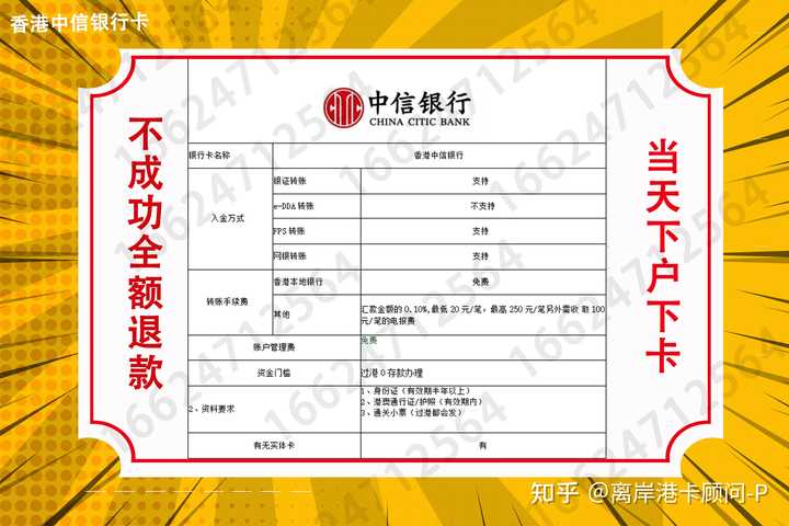 行卡1、香港中信银行条件：内地0存款办理过港0存款办理（当天下户下卡）