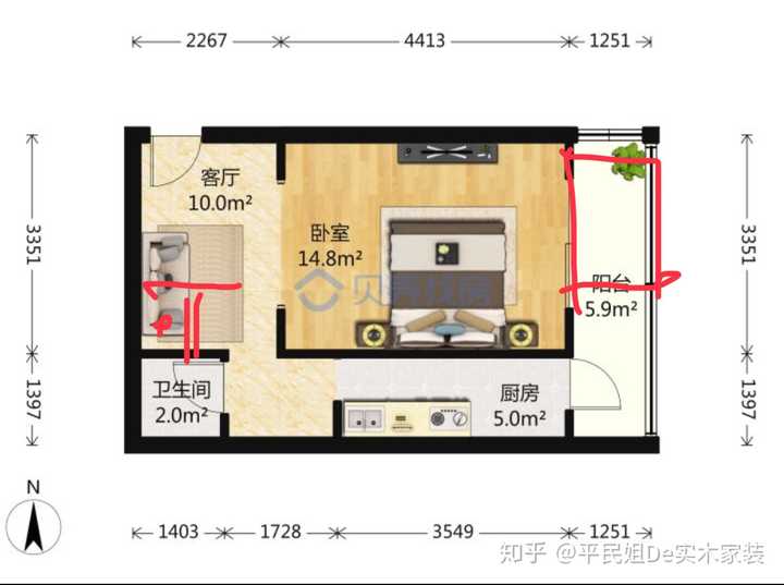 客廳和衛生間做一格柵式隔斷,放洗手盆,乾溼分區