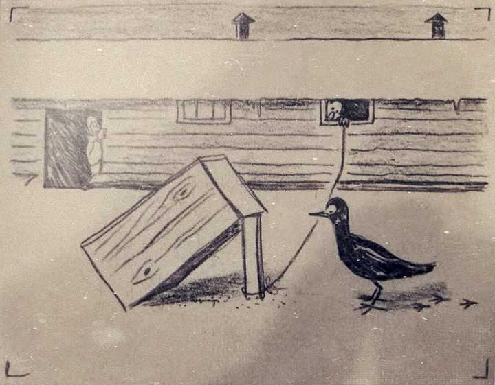 战俘们自己制作小木头捕鸟盒子,抓鸟吃.1475 号战俘威廉·沃特克画.