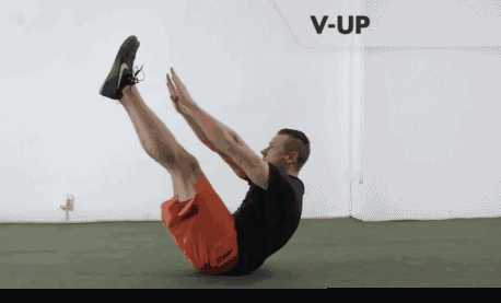 仰卧两头起 双手举高仰卧,卷曲躯干同时双手双脚触碰.