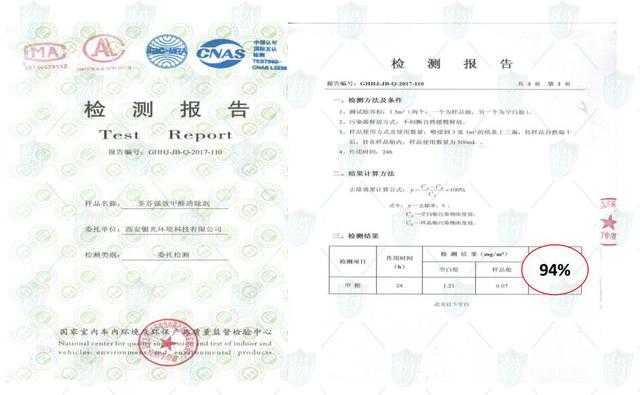 境及环保产品质量监督检验中心出具的除醛性能检测报告：24小时除醛率94%.持久：为什么小编补充了一个