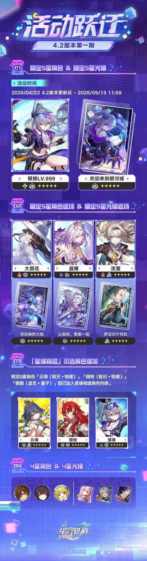 如何评价2026年4月米哈游《崩坏星穹铁道》4.2版本卡池，银狼LV999，大丽花流萤遐蝶？