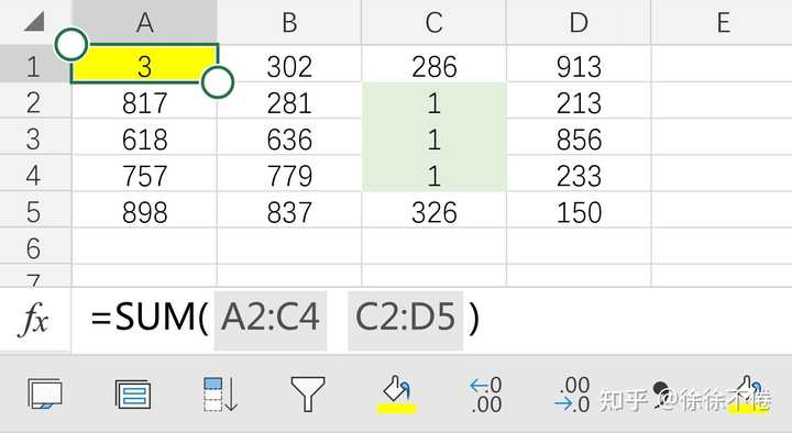 在excel中公式sum（a2：c4c2：d5）一共对几个单元格进行求和？ 知乎