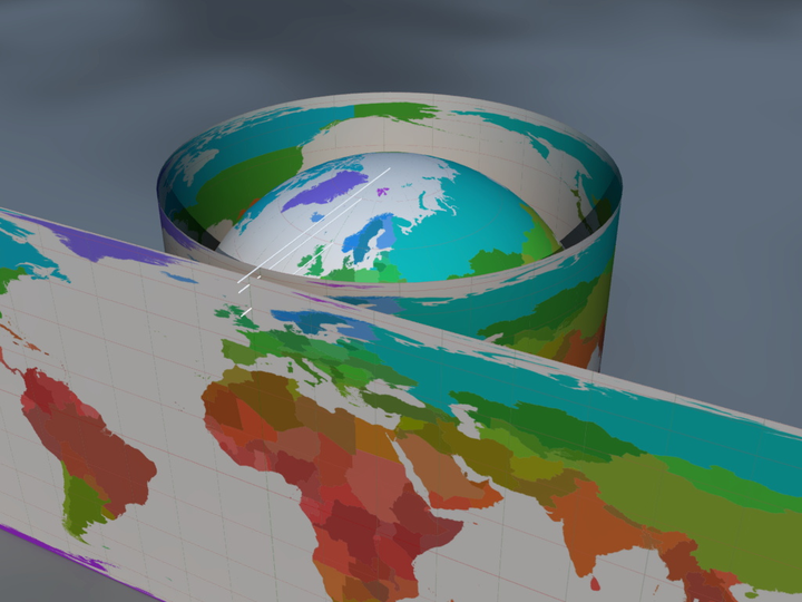 兰伯特等面积圆柱投影的原理,就是从地轴向圆柱面上进行平行投影