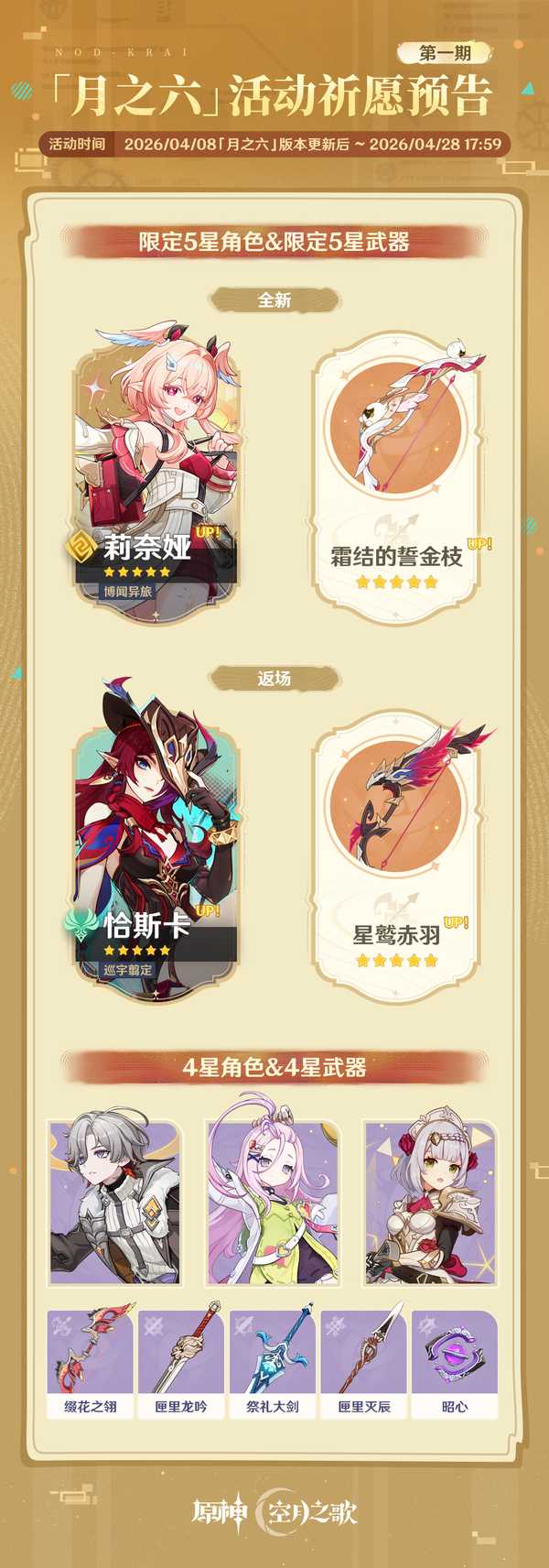 如何评价2026年4月米哈游《原神》月之六版本卡池、莉奈娅、恰斯卡？