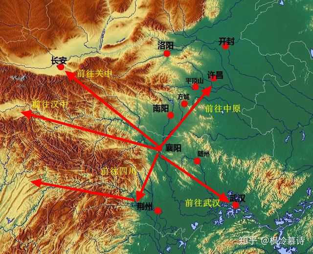 從襄陽出發,往西北,可以進入 關中和漢中(戰國時期秦楚爭霸路線)