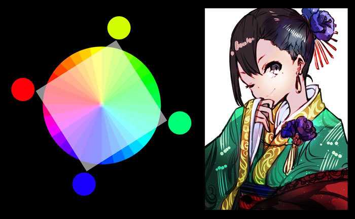 优点: 因为互补色的对立关系被分散,想在增加色调的同时取得平衡的