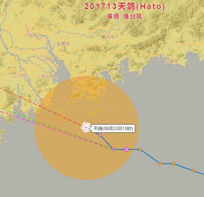 (2017年8月23日上午10点的台风路径,深黄色为台风10级风圈(图片来源