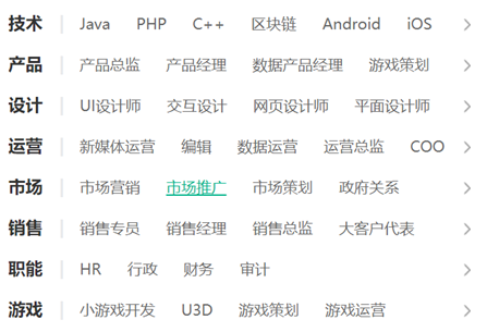 。以某面向互联网/计算机的招聘网站为例，咱们可以先看一下有哪些职位。