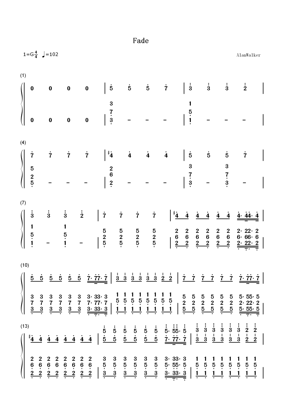 fade的钢琴数字谱