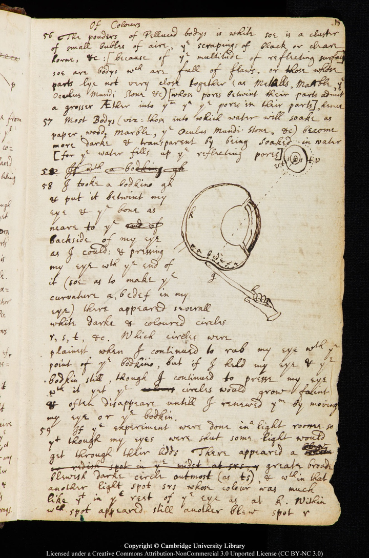 下面是牛顿笔记本中的一页,记载他这次实验