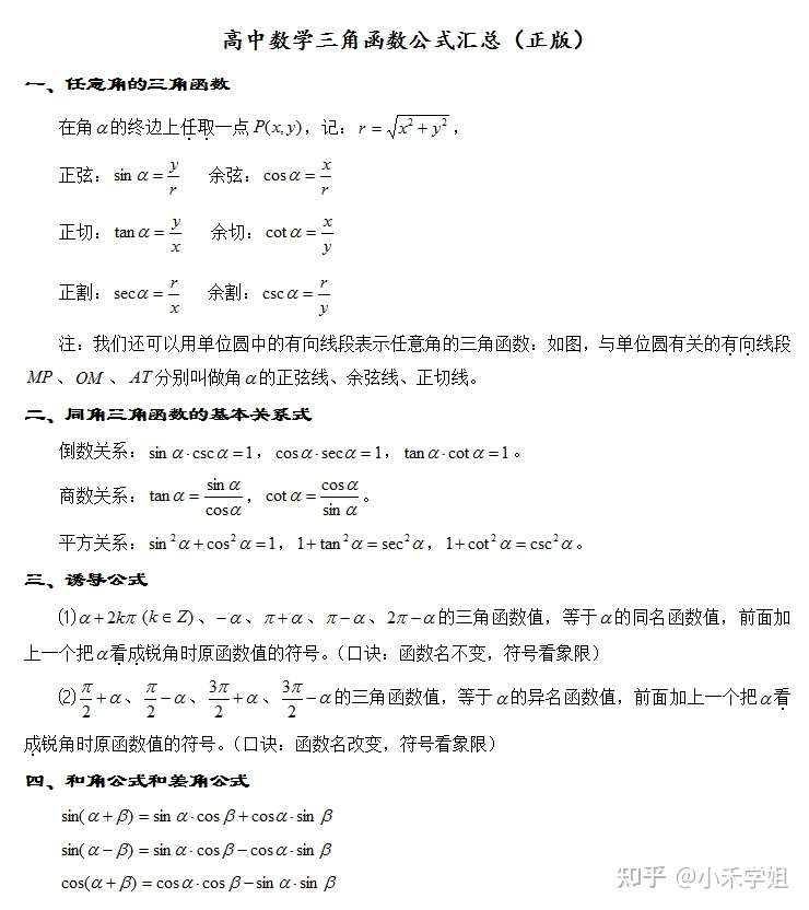 高中数学 三角函数部分公式定理汇总 建议收藏打印 知乎