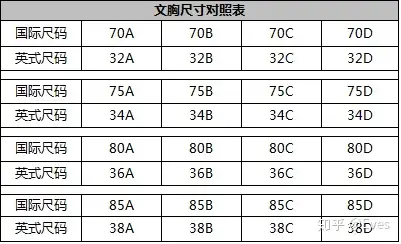 女性文胸杯型尺寸尺碼對照表