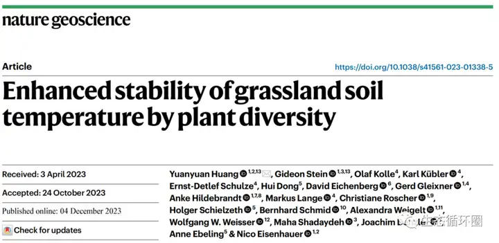 naturegeoscience通過植物多樣性提高草地土壤溫度的穩定性