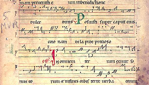 西多会纽姆谱，来自法国北部的圣但尼，12 世纪。谱表左边用 F 来标记 F 音对应的线