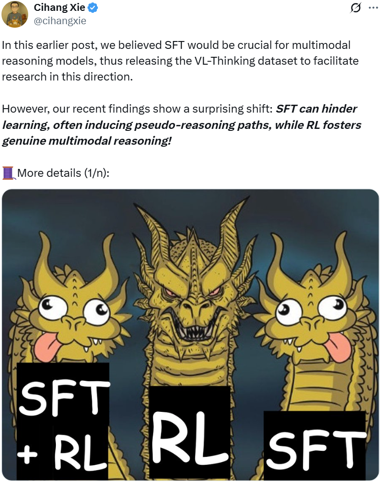 SFT在帮倒忙？新研究：直接进行强化学习，模型多模态推理上限更高