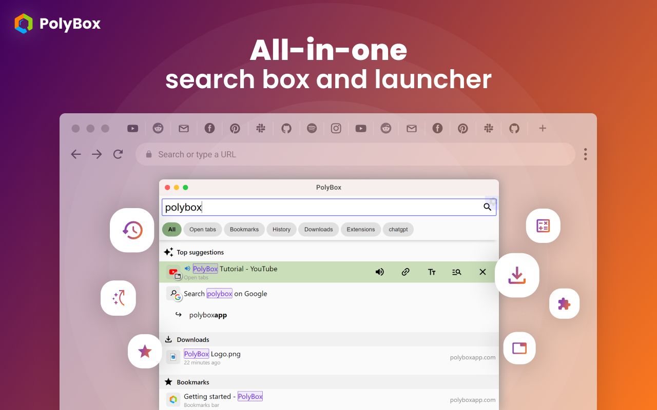 PolyBox：搜索标签页、书签、历史、下载，快捷启动器，短网址导航