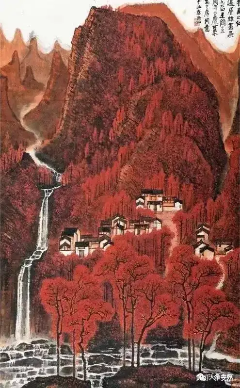 超大幅 珍品旧蔵 中国古画 【李可染 万山紅遍 】紙に手書き国画掛け軸