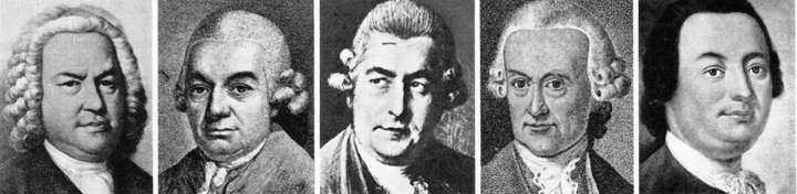 巴赫和他的儿子们。从左向右依次为：约翰·塞巴斯蒂安·巴赫、卡尔·菲利普·埃马努埃尔·巴赫、约翰·克里斯蒂安·巴赫、威廉·弗里德曼·巴赫、约翰·克里斯托弗·弗里德里希·巴赫