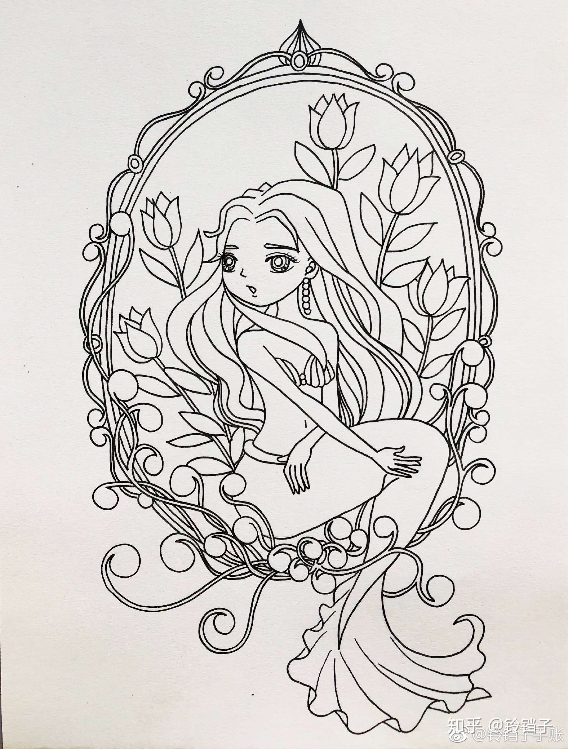 针管笔绘:镜子前的美人鱼[玫瑰][玫瑰]