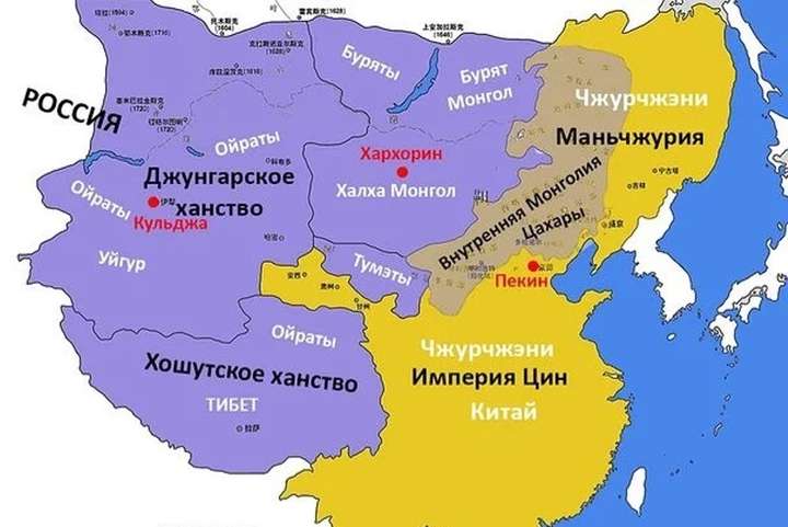 其中紫色的是至少能自治的蒙古各部,棕色的则是被满清控制的蒙古各部.