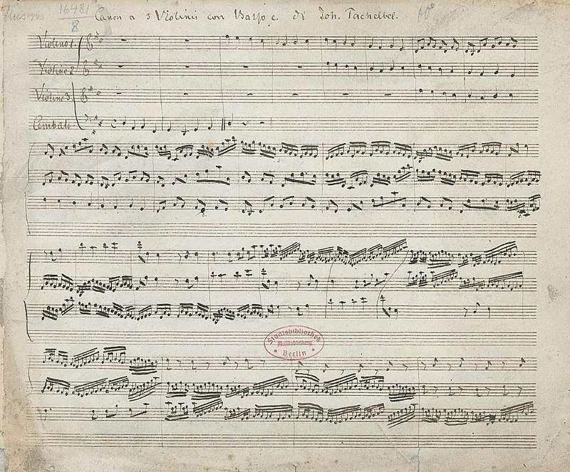 现存最古老的《为三把小提琴和通奏低音而作的卡农和吉格》抄本：柏林国家图书馆 Mus.MS 16481-8