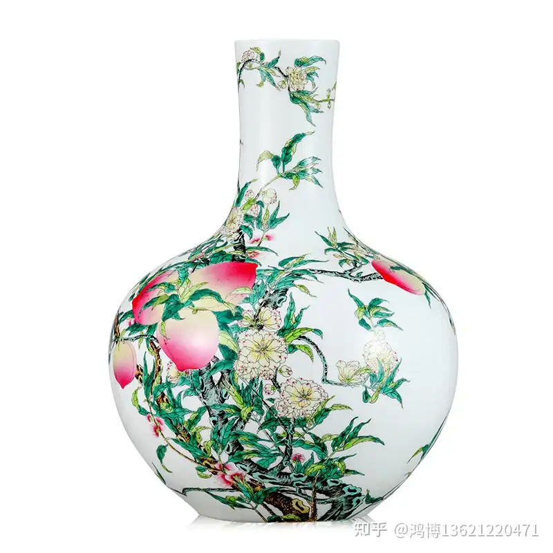 中国大清乾隆年製粉彩桃文天球瓶飾壷F R5238C-