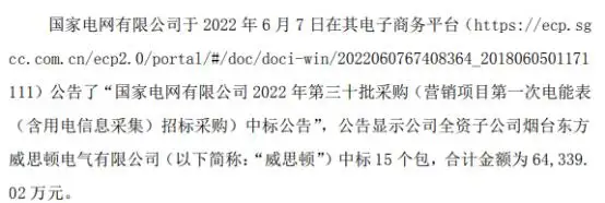 东方电子全资子公司中标国家电网22年第三十批采购（营销项目第一次电能表采购）项目 中标价6.43亿