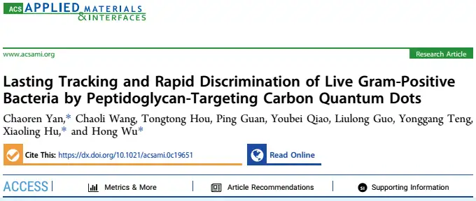 西工大胡小玲/空医大吴红课题组《ACS AMI》：肽聚糖靶向的碳量子点对革兰氏阳性菌的持续跟踪和快速鉴别