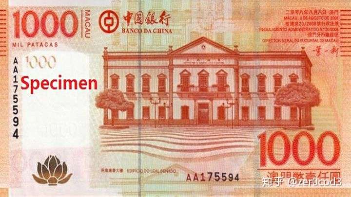 标有葡文地名macau的千元澳门币