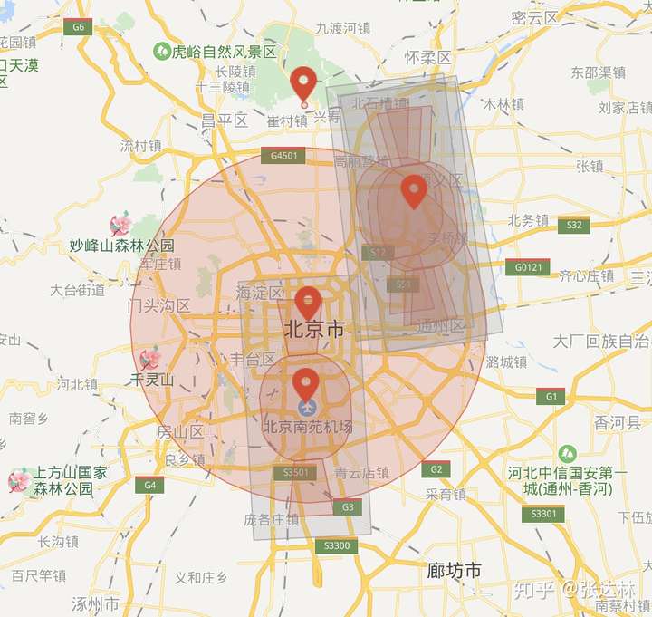 北京禁飞区,红色为禁飞,灰色为限高