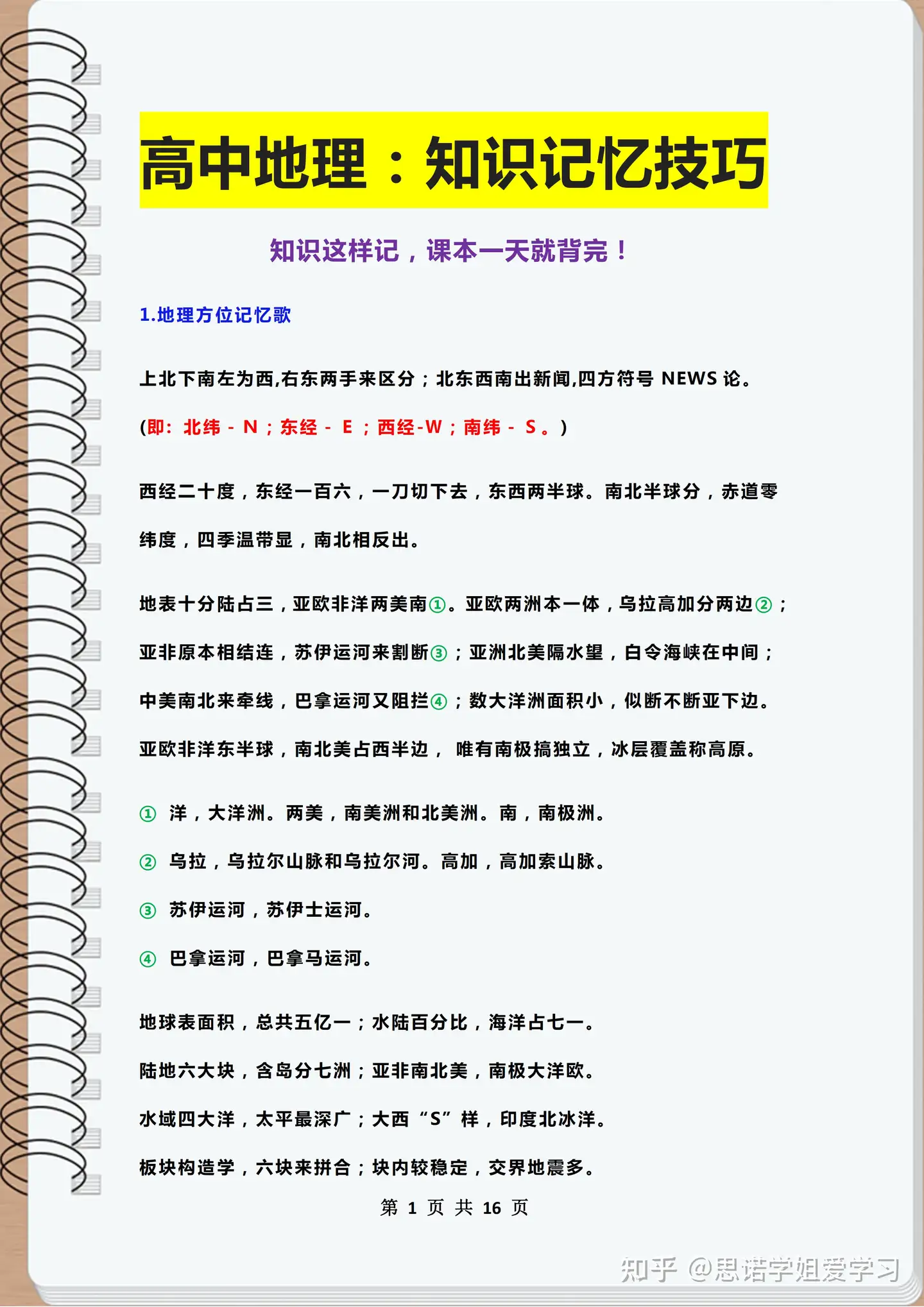 高中地理 知识记忆技巧 1分钟牢记300 提记忆 这样速记 课本一天就背完 电子版可打印免费分享 共16页 知乎