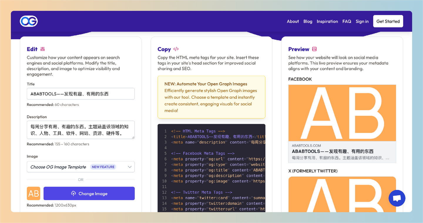OpenGraph.xyz：允许用户输入网址，快速生成Open Graph元数据和图像，提升网站在社交媒体上的展示效果-墨桅博客