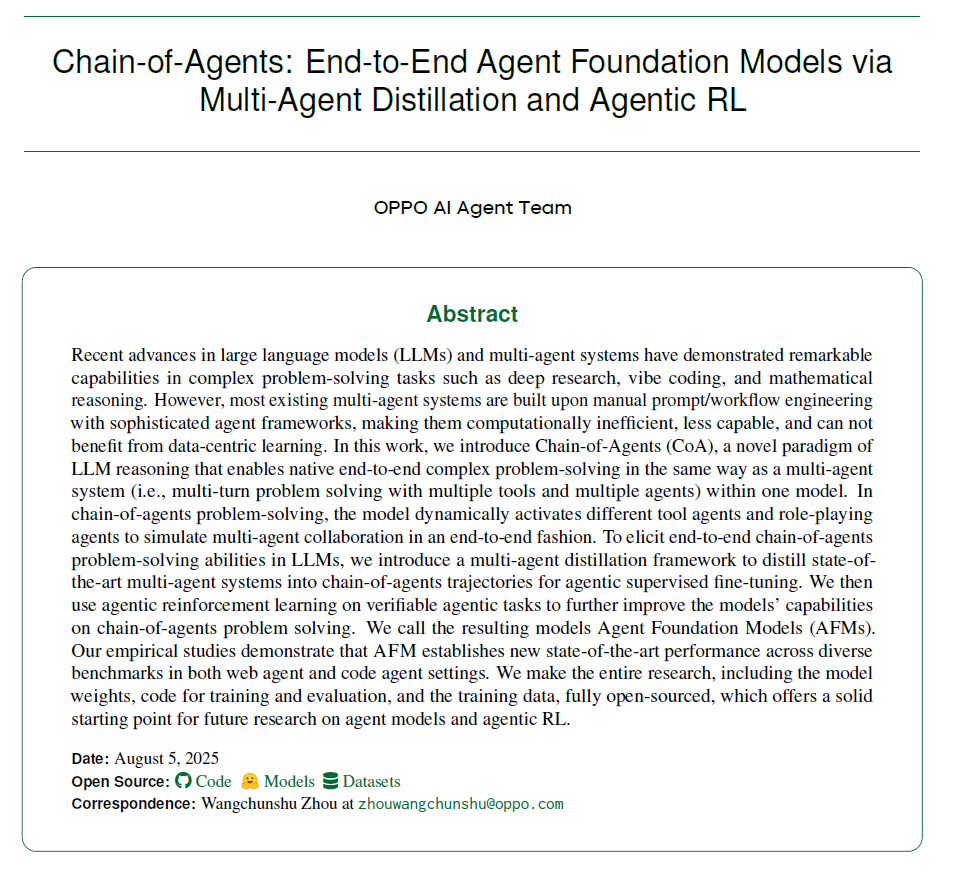 Chain-of-Agents: OPPO推出通用智能体模型新范式，多榜单SOTA，模型代码数据全开源