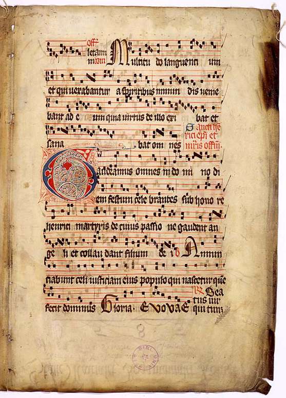 使用方形符头的纽姆谱“Gaudeamus omnes”，大概写于 14——15 世纪
