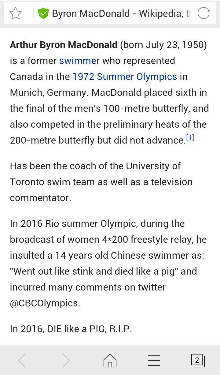 如何评价CBC主持人忘关话筒骂中国14岁游泳