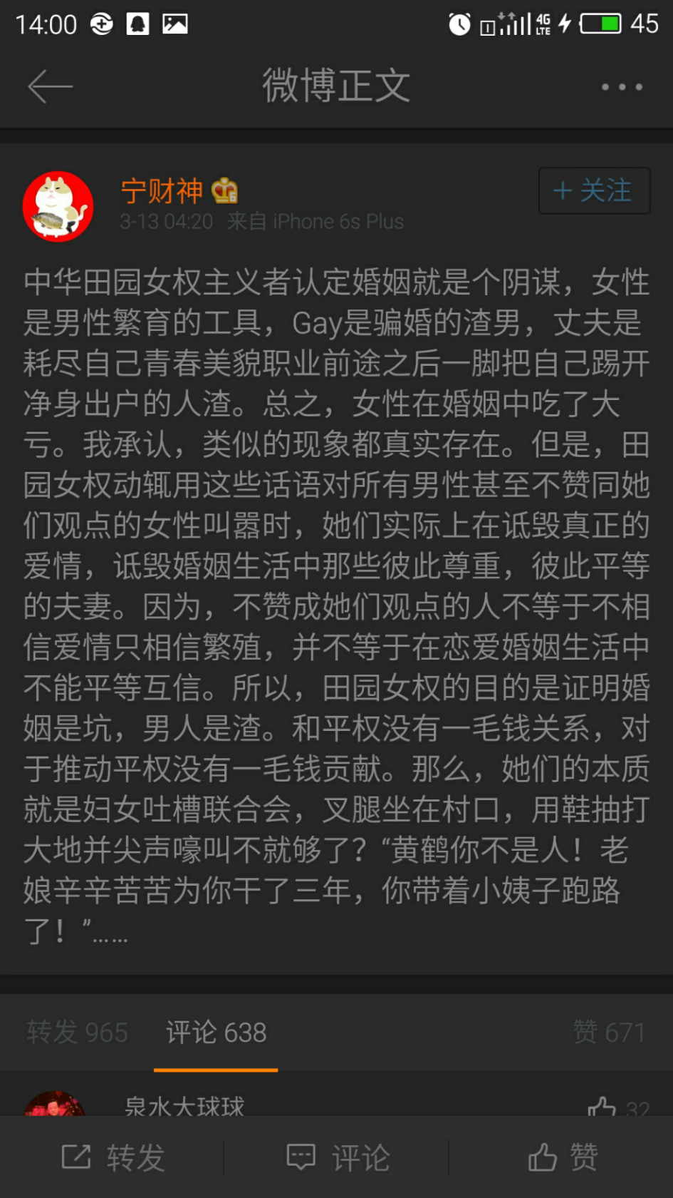 理的「宁财神微博」炮轰「中华田园女权主义者