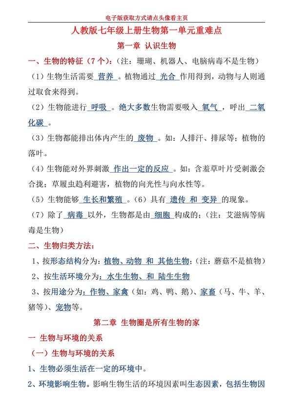 人教版初一七年级上册生物第一单元知识点总结 初中生物 七年级生物 初一生物 知乎 0841