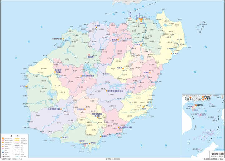 海南省2023年版高清行政区划图(含4大地级市 10县5县级市)