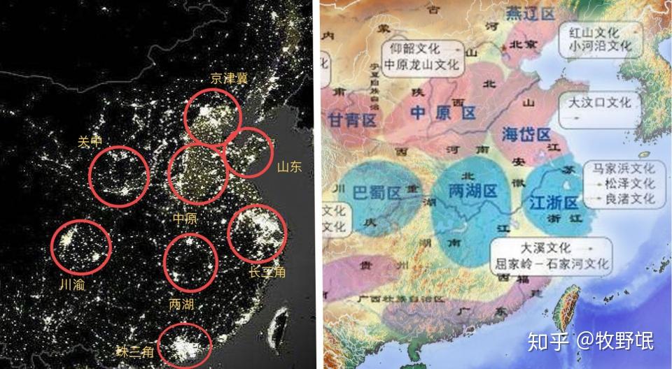 5000年前格局已定:当代卫星夜景图与新石器文化分布图,格局却十分相似