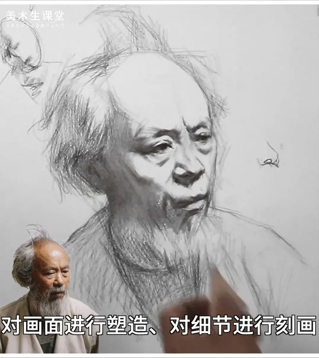 联考素描教程①丨四分之三侧长胡子男老年素描头像教学讲解课