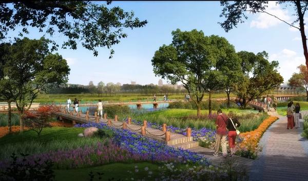 滨水景观带上可以结合布置城市空间系统绿地,公园,营造出宜人的城市