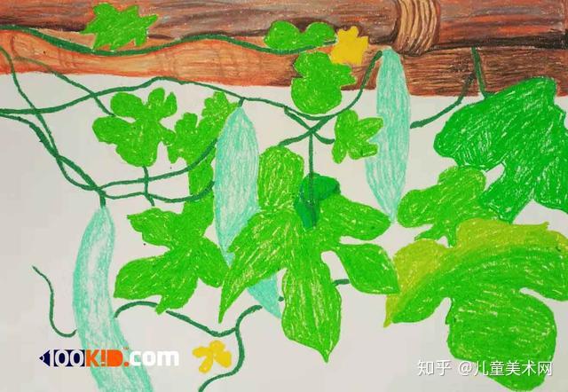 油画棒写生教程竹藤上的苦瓜