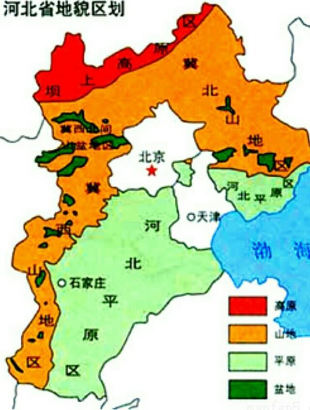 儿子百度了一幅河北省地貌区划图,很快找到了坝上的位置,就是下边地图