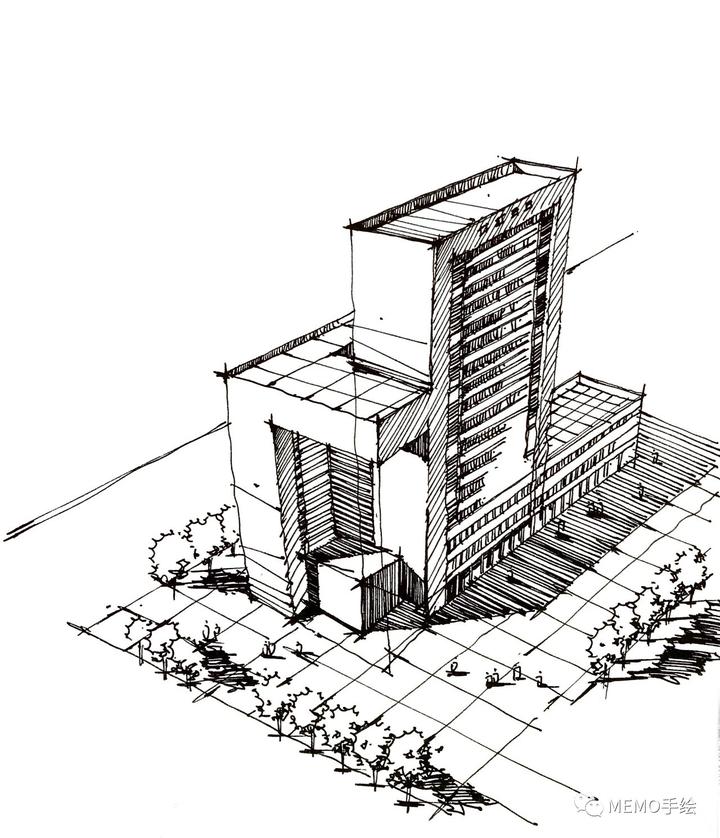 手绘教程|手绘一座办公楼鸟瞰图