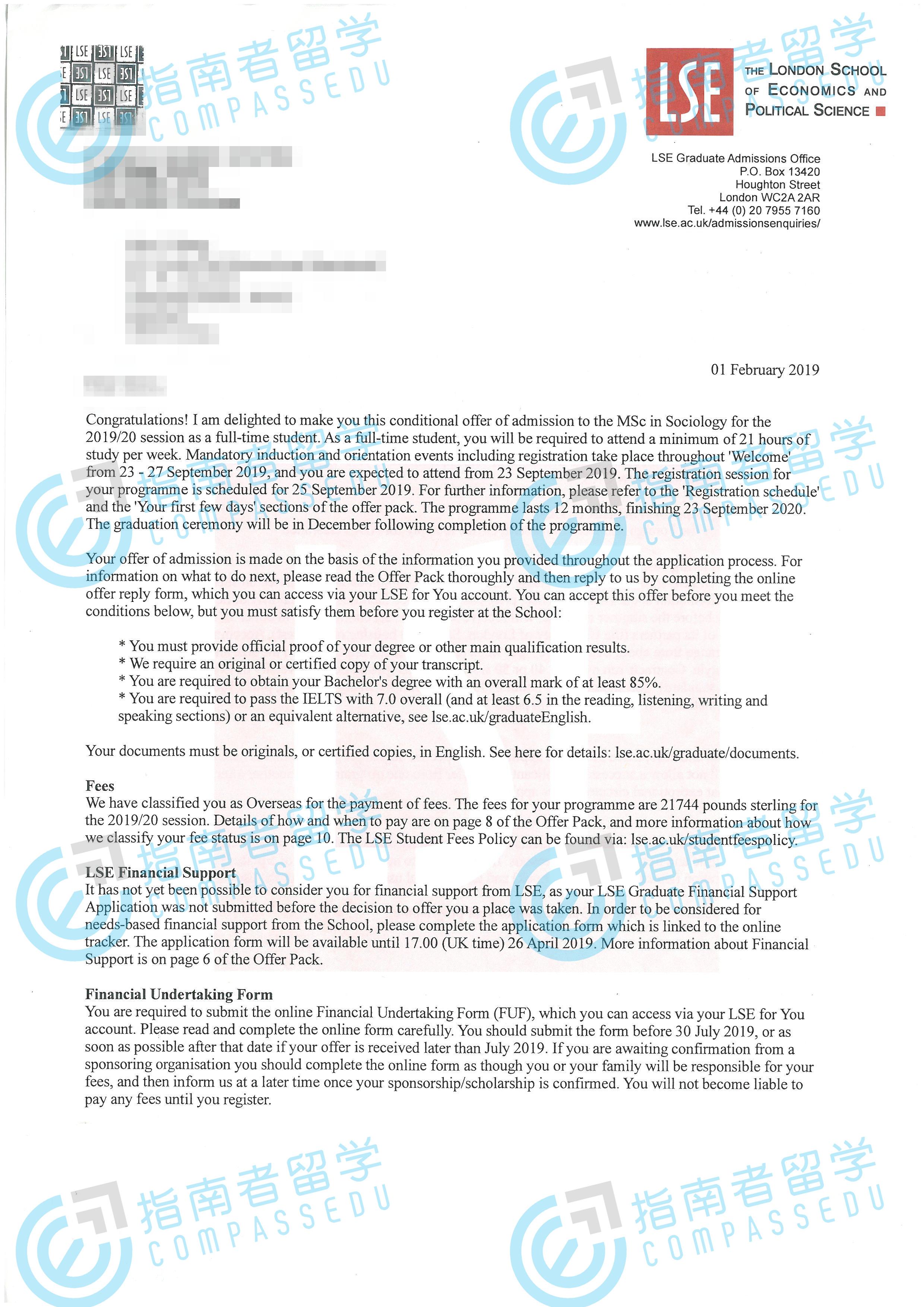 伦敦政治经济学院社会学理学硕士研究生offer一枚