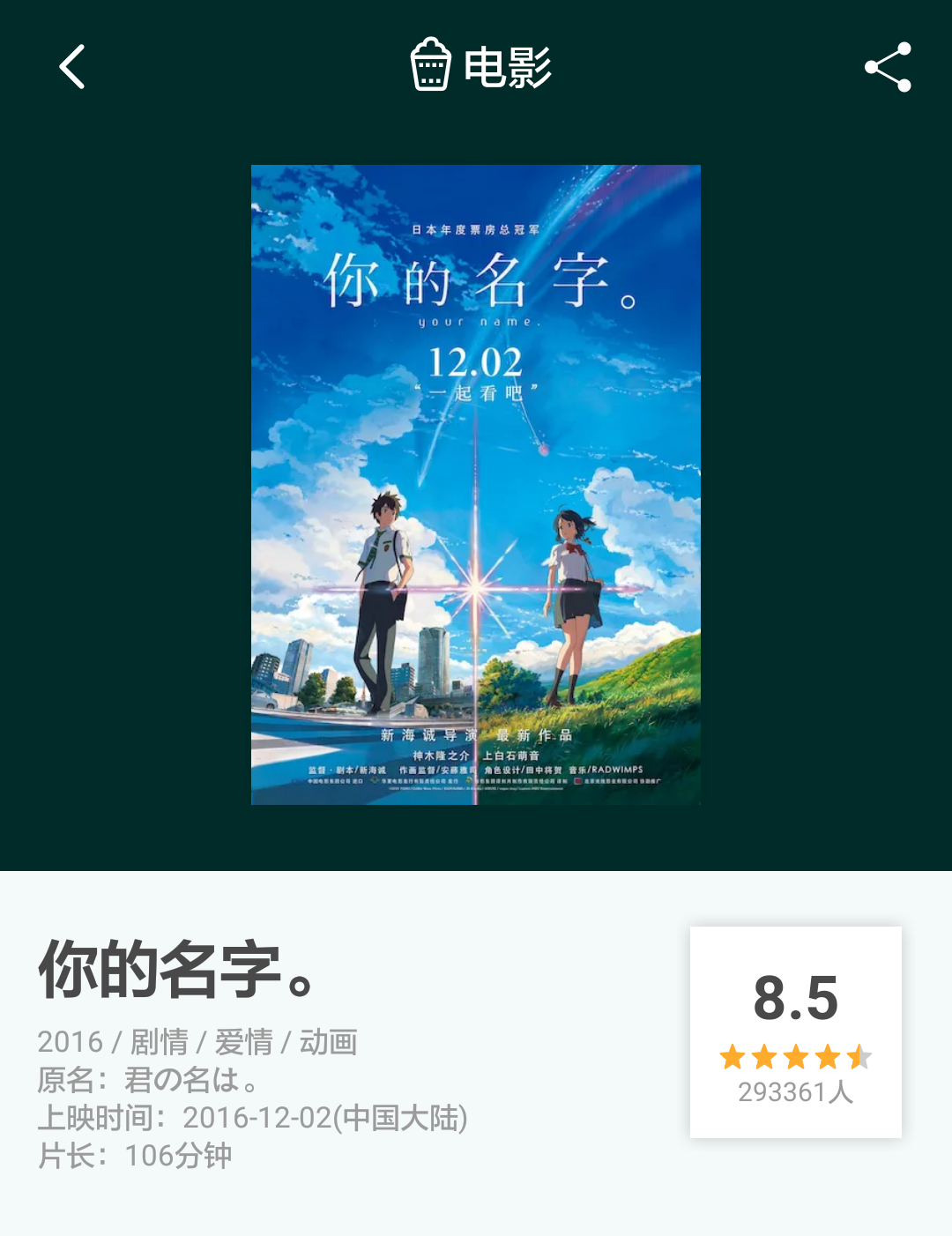 对于动漫你的名字在豆瓣评分如此之高,怎么来