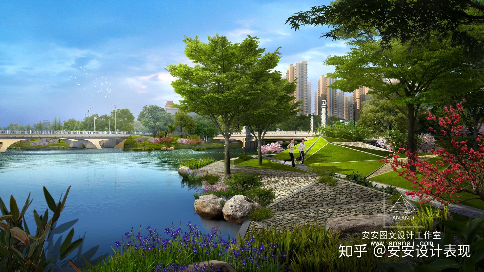 安安设计表现各式各样河道景观表现的道路绿化效果图设计