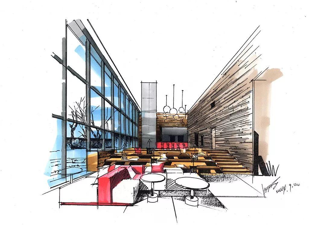 效果图参考设计公司前台手绘表现步骤1:确定大的透视关系框架,不要