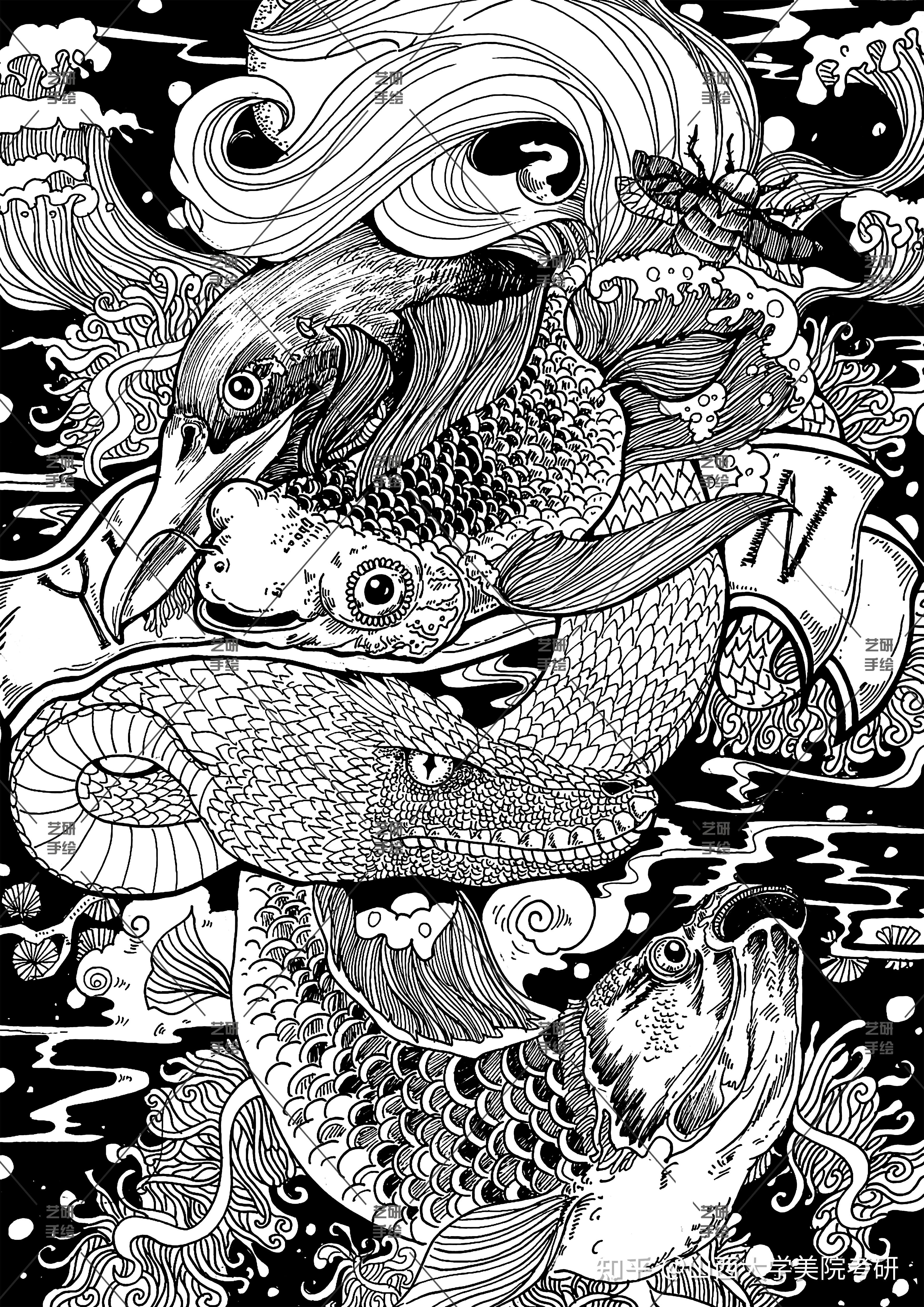 山西艺研手绘山西大学艺术设计公共艺术专业考研黑白装饰画壁画手绘